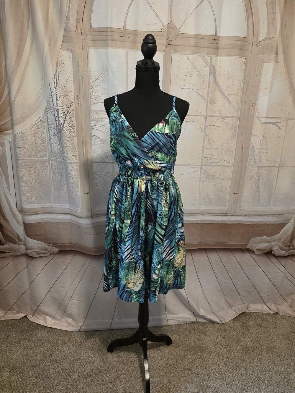 Kohl's Blue-Green Tropical Leaf Mini Dress